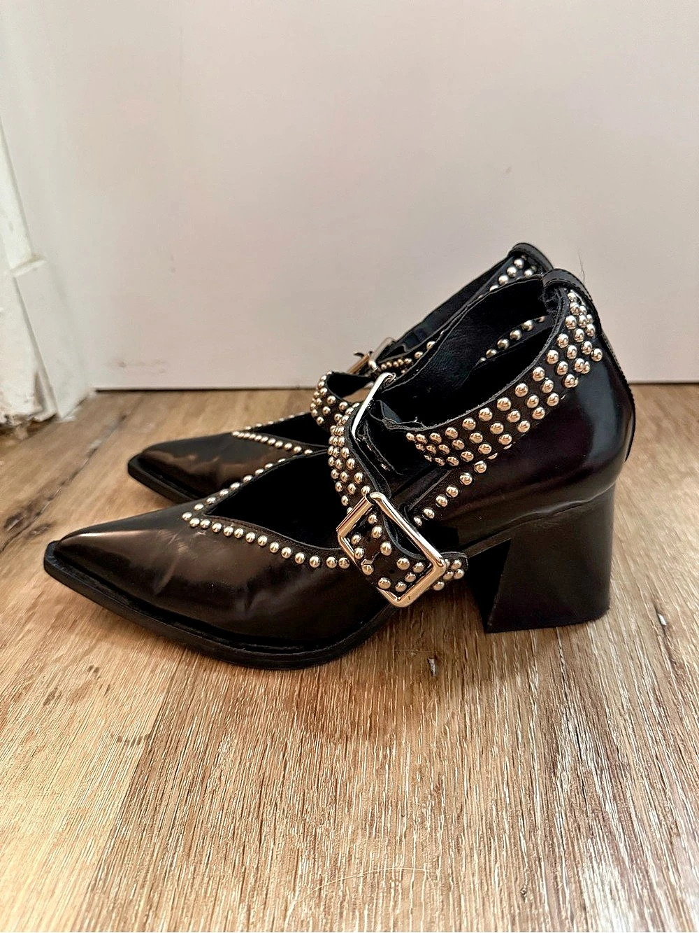 Jeffrey Campbell Studded Pointed-Toe Block Heel Shoes in Black